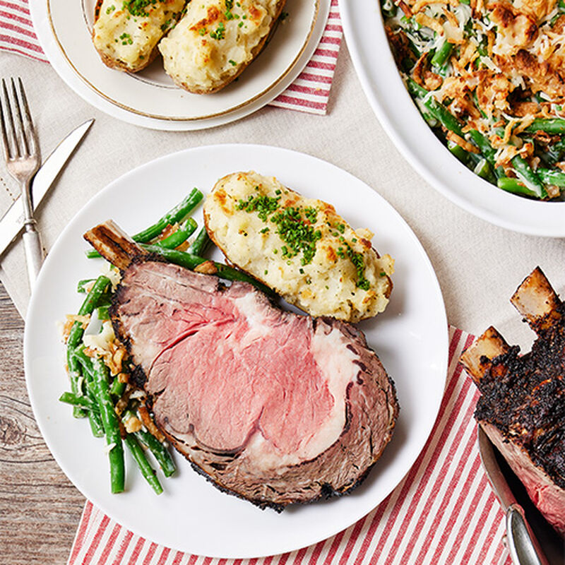 Coffee-Rubbed Standing Rib Roast with Twice-Baked Potatoes & Green Bean Casserole