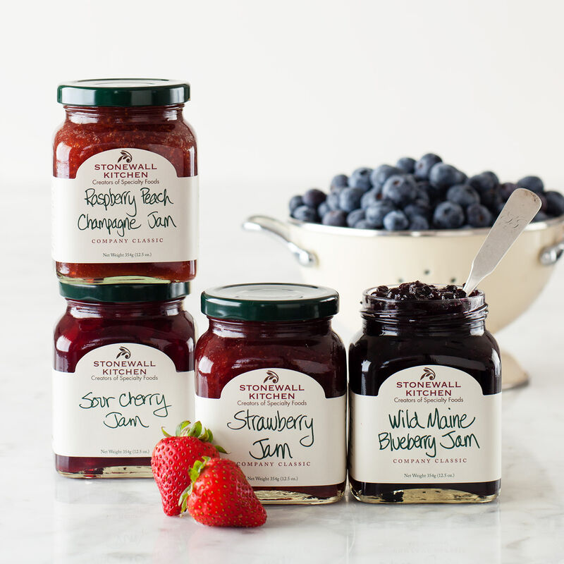 Stonewall Kitchen Favorite Jam 4 Piece Collection, Includes 12.5 Ounce Jars of Raspberry Peach Champagne Jam, Sour Cherry Jam, Strawberry Jam and Wild