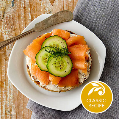 Roasted Garlic Cream Cheese topped with Salmon Bagel