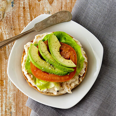 Maple Bacon Cream Cheese topped with Avocado Bagel
