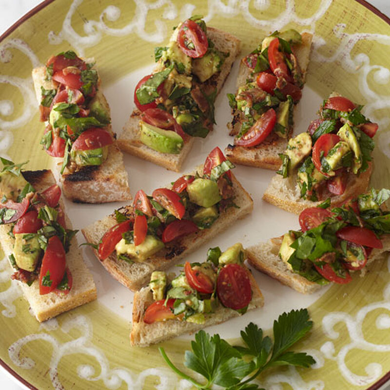 Crostini with Tomato, Avocado, Red Onion and Balsamic Dressing