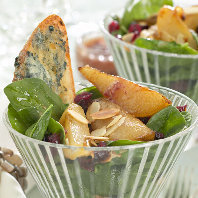 Winter Spinach Salad with Roasted Pears and Blue Cheese Toasts