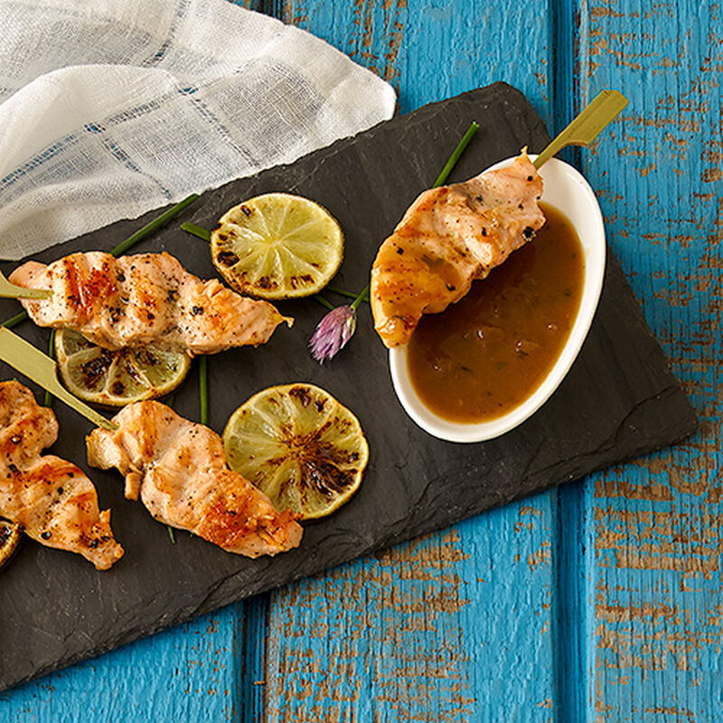 Salmon Satay with Wasabi Ginger Dipping Sauce