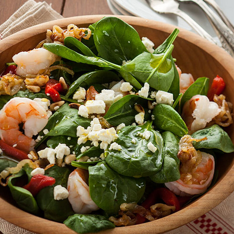 Warm Baby Spinach Salad with Toasted Pine Nuts and Shrimp