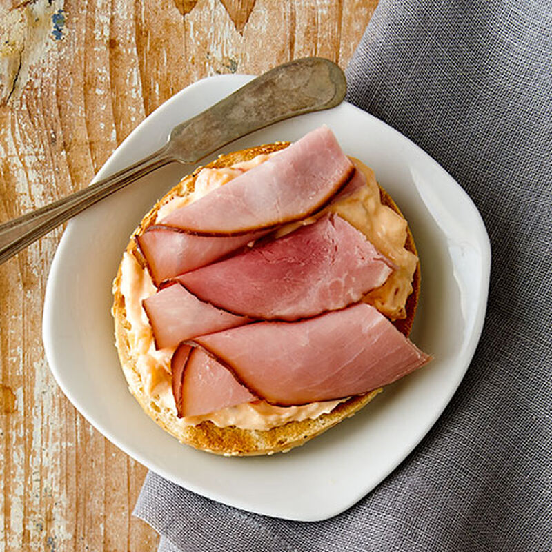 Red Pepper Jelly Cream Cheese topped with Ham Bagel