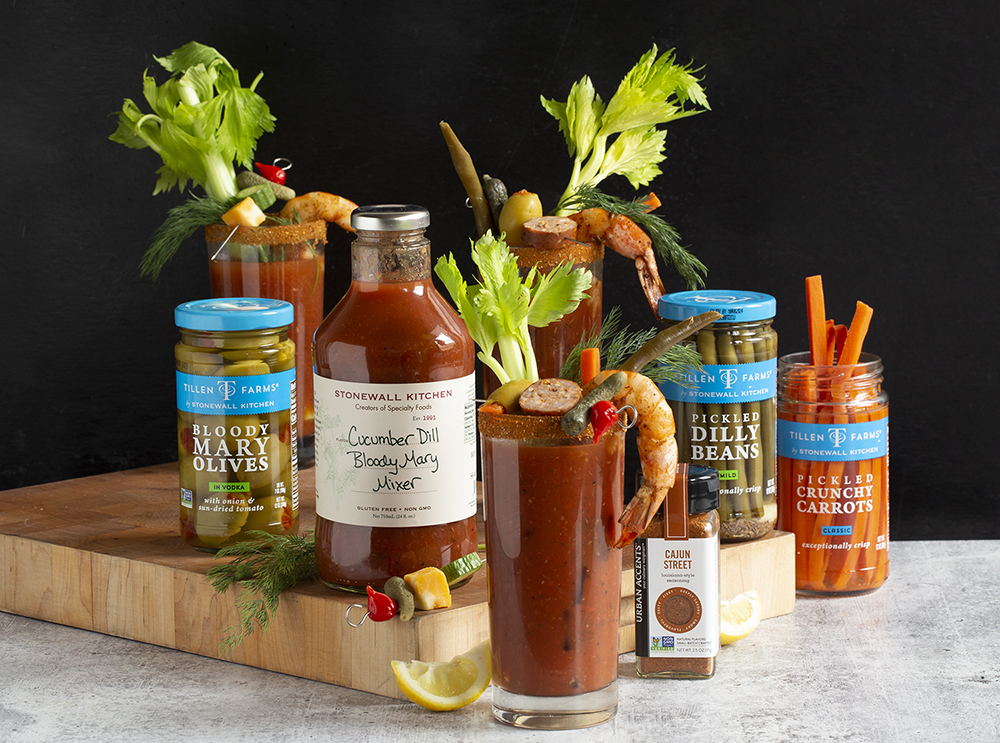 Assortment of Bloody Mark ingredients from the Stonewall Kitchen family of brands in front of a black background