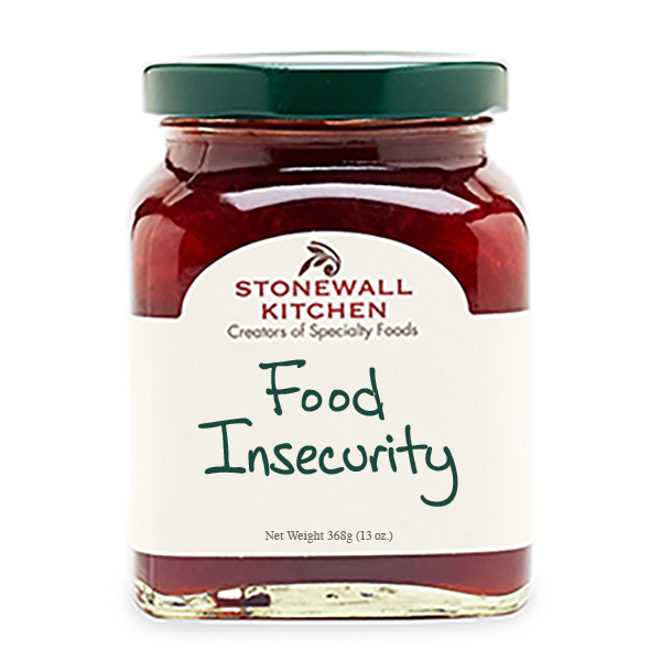 a Stonewall Kitchen jam jar with the words Food Insecurity written on it