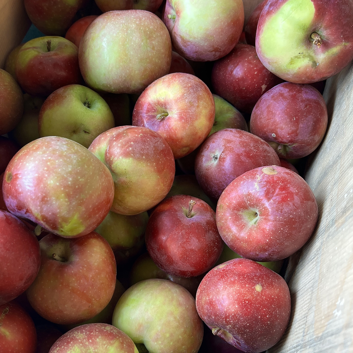 A rustic wooden crate filled with apples