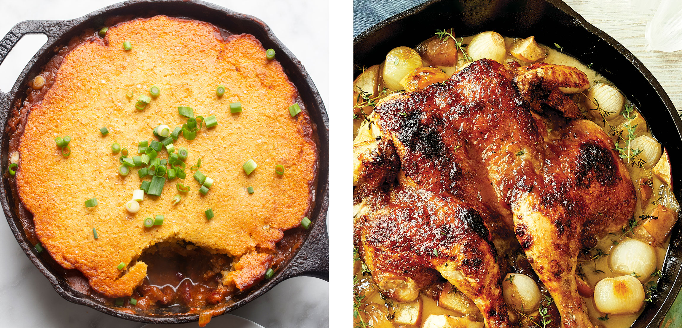image of our Mesquite Chili Cornbread Bake next to our Roasted Apple and Onion Spatchcock Chicken dish and bother are in cast iron skillets