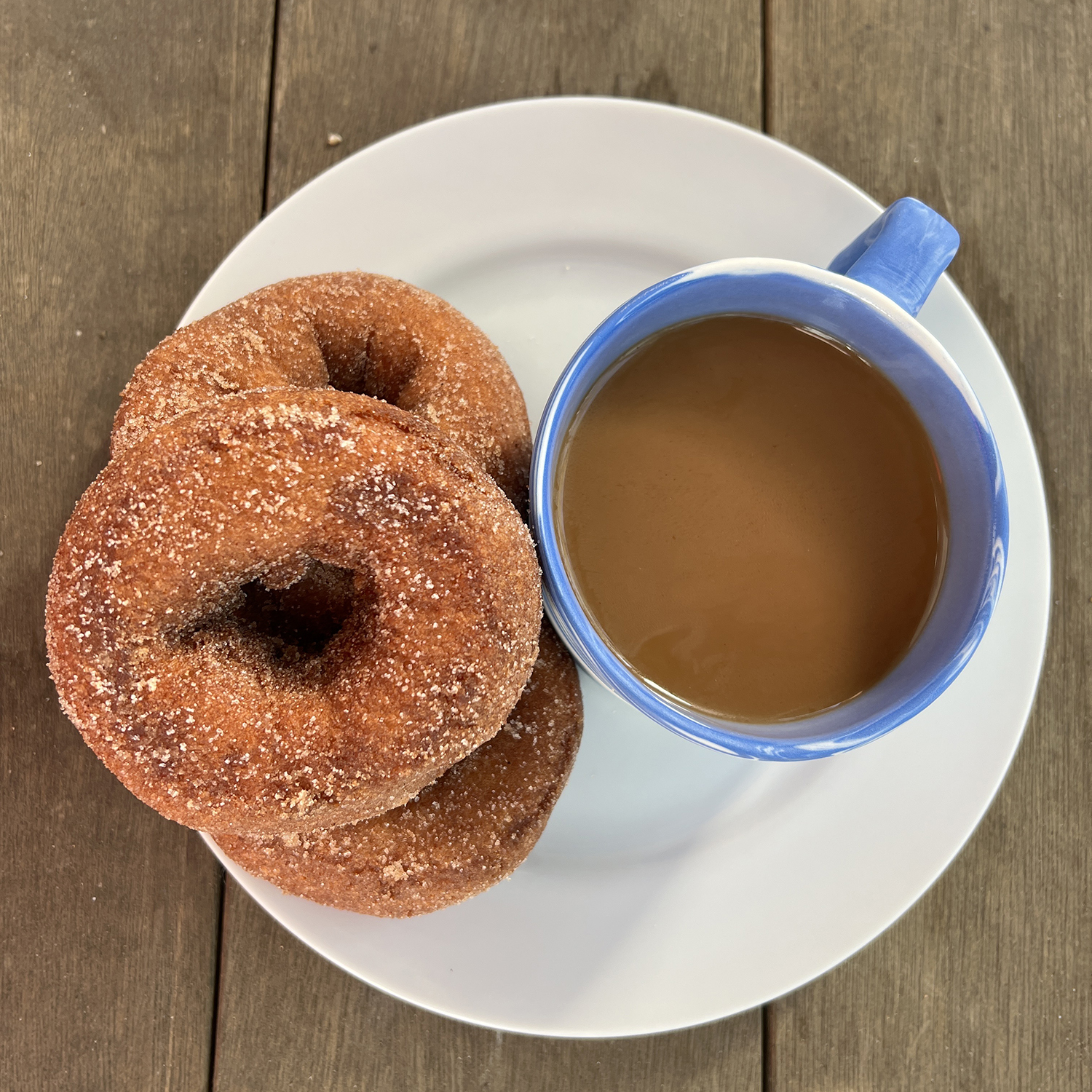 An above view of a ceramic plate with three apple cider doughnuts and a mug full of coffee