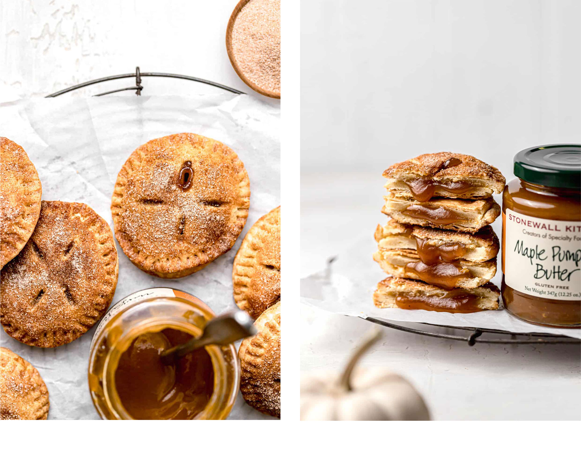 side by side image of the unbaked, assembled hand pies on a baking sheet and a caption beneath reading Step 5 and an image of the same hand pies covered with an egg wash and the cinnamon sugar mixture on the right side and a caption beneath it that reads Step 6