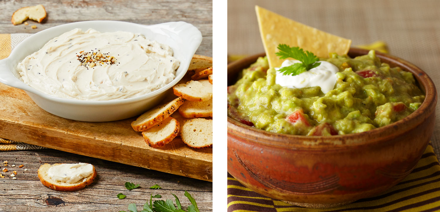 A side-by-side image of two different dishes. The left image is of a bowl of everything dip with some small pieces of bread on a wooden counter. The second image is of a small pot of guacamole with a tortilla chip dipped in at the top.