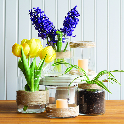 Simple floral arrangements in clear glass vases