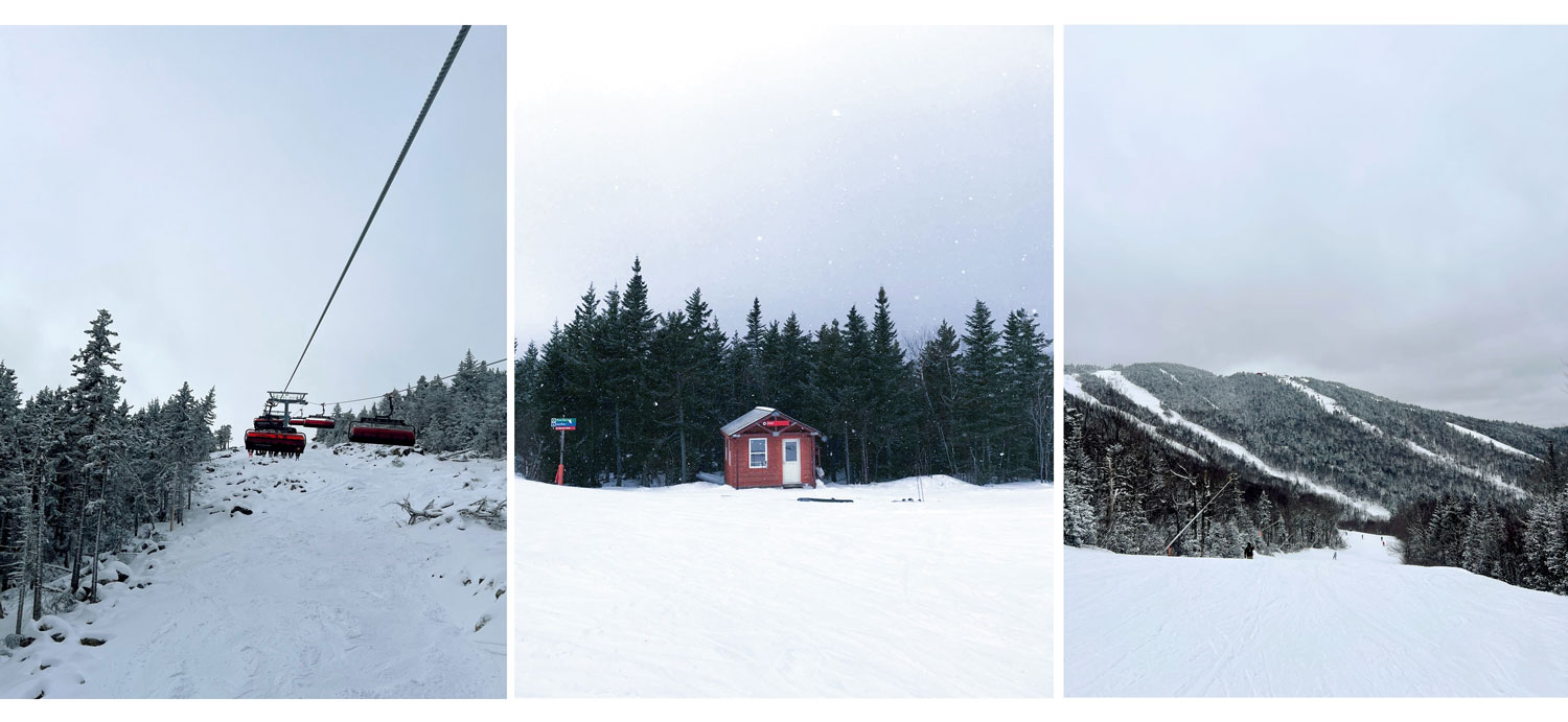 Three images of the horizon on a ski trip, one with a view from the ski lift, one of a small lodge near some trees, and one of the slopes on the mountain. All of the images have an overcast sky, but no stormy weather.