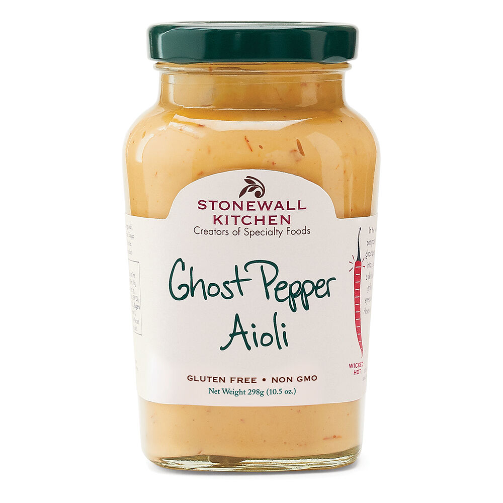 Image of a glass jar of Ghost Pepper Aioli on a white background.