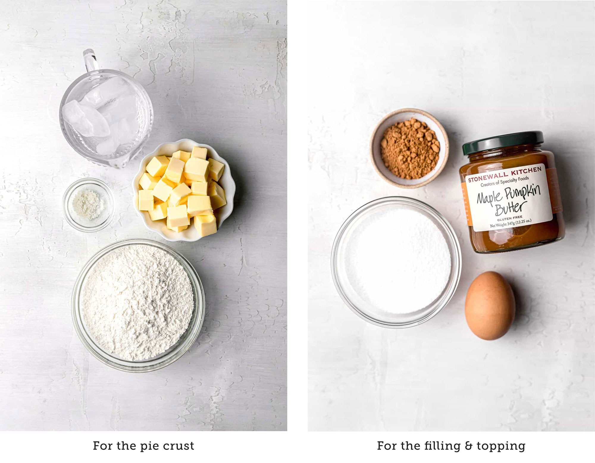 side by side image of the ingredients necessary for the pie crust on the left side, with the caption reading for the pie crust below, and an image of the ingredients for the filling and topping on the right side with a caption below that reading for the filling and topping