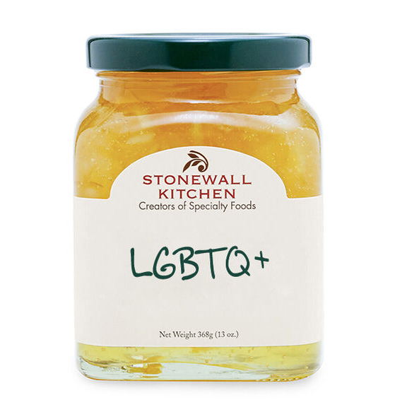a Stonewall Kitchen jam jar with the letters LGBTQ written on it