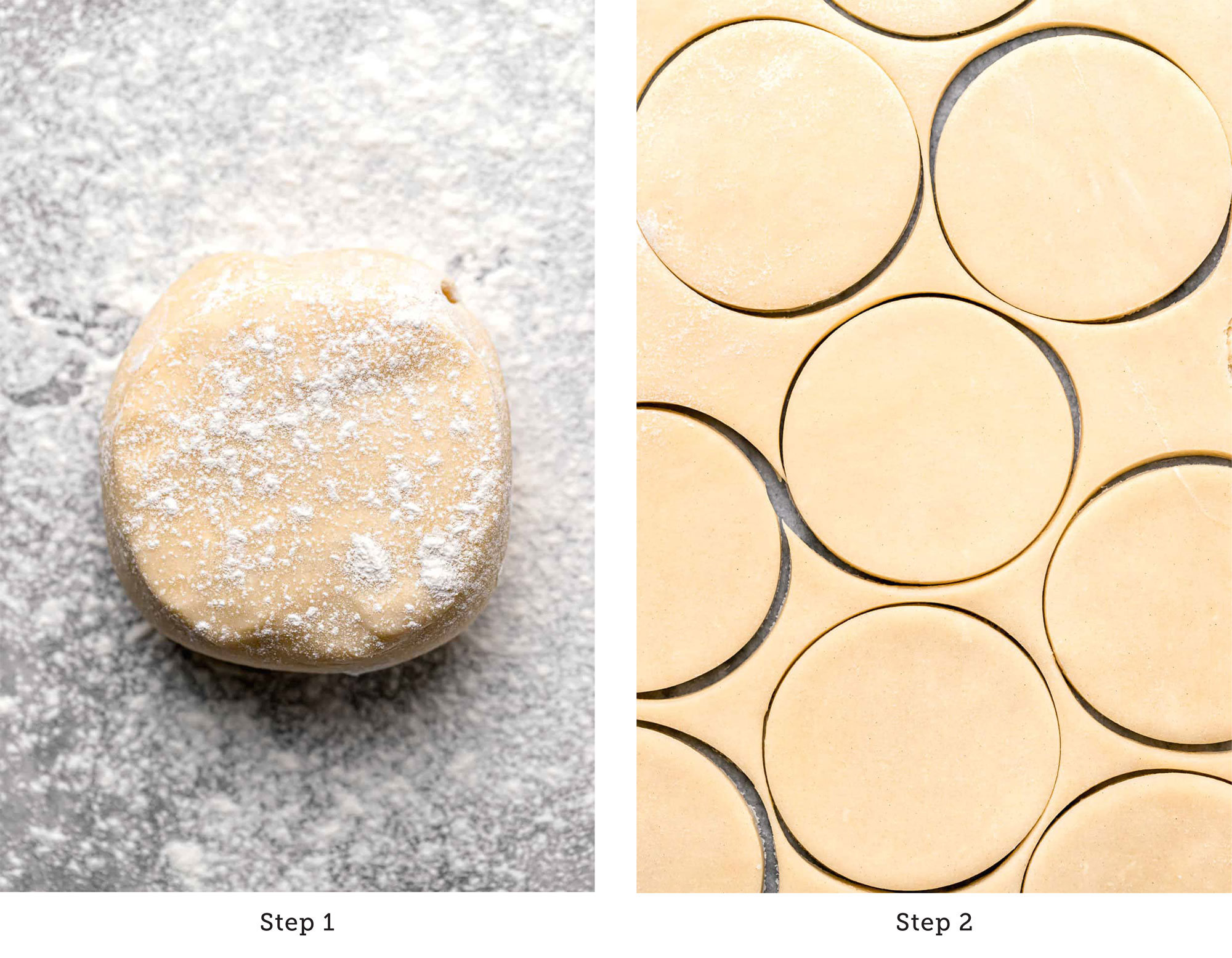 side by side image of the unrolled pie dough on the left side and a caption beneath reading Step 1 and an image of the rolled out pie dough on the right side with circles cut out of it and a caption beneath that reads Step 2