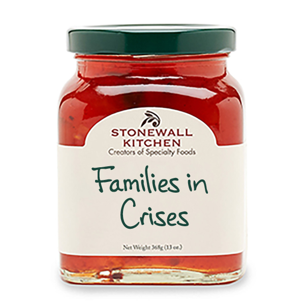 a Stonewall Kitchen jam jar with the words Families in Crisis written on it
