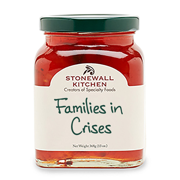 a Stonewall Kitchen jam jar with the words Families in Crisis written on it