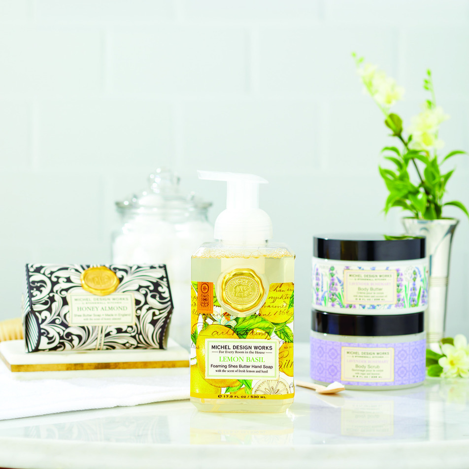 Lavender Scrub and Body Butter, Lemon Basil Foaming Hand Soap, and Almond Honey Bar Soap