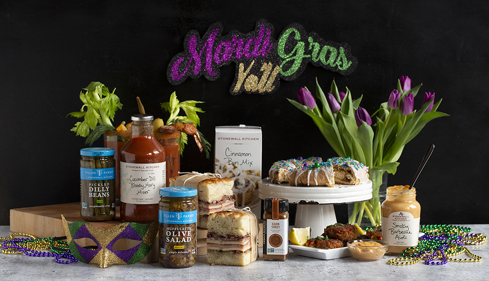 Lineup of Mardi Gras products from Stonewall Kitchen in front of a black background