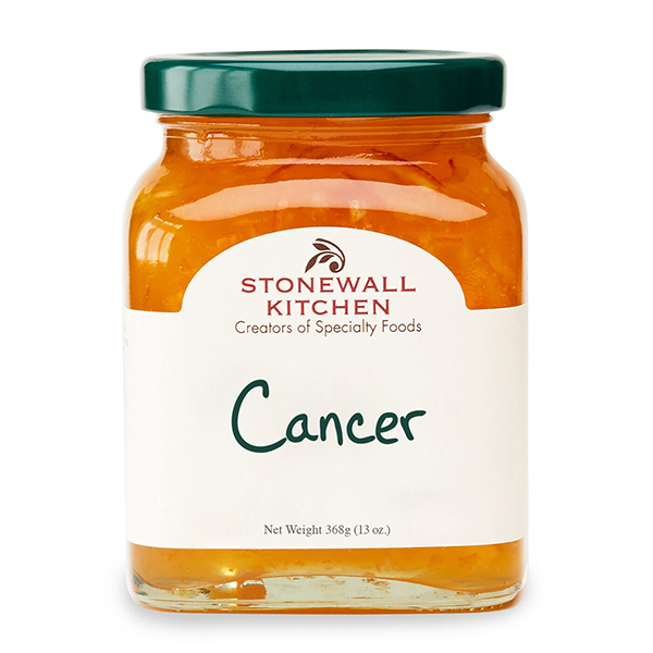 a Stonewall Kitchen jam jar with the word Cancer written on it