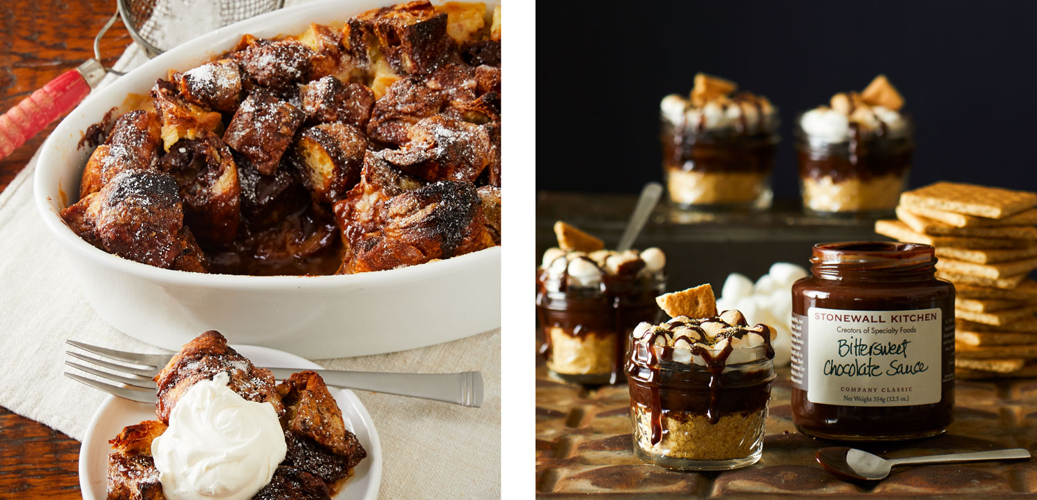 A side-by-side image of two different dishes. The left image is of a dish dark brown chocolate bread pudding in a white dish with a small bowl of the pudding topped with whipped cream is in the foreground. The second image of a jar of Bittersweet Chocolate Sauce next to four small servings of S'mores in a Jar, each serving is layered with s'mores ingredients in small jars and drizzled with the chocolate sauce.